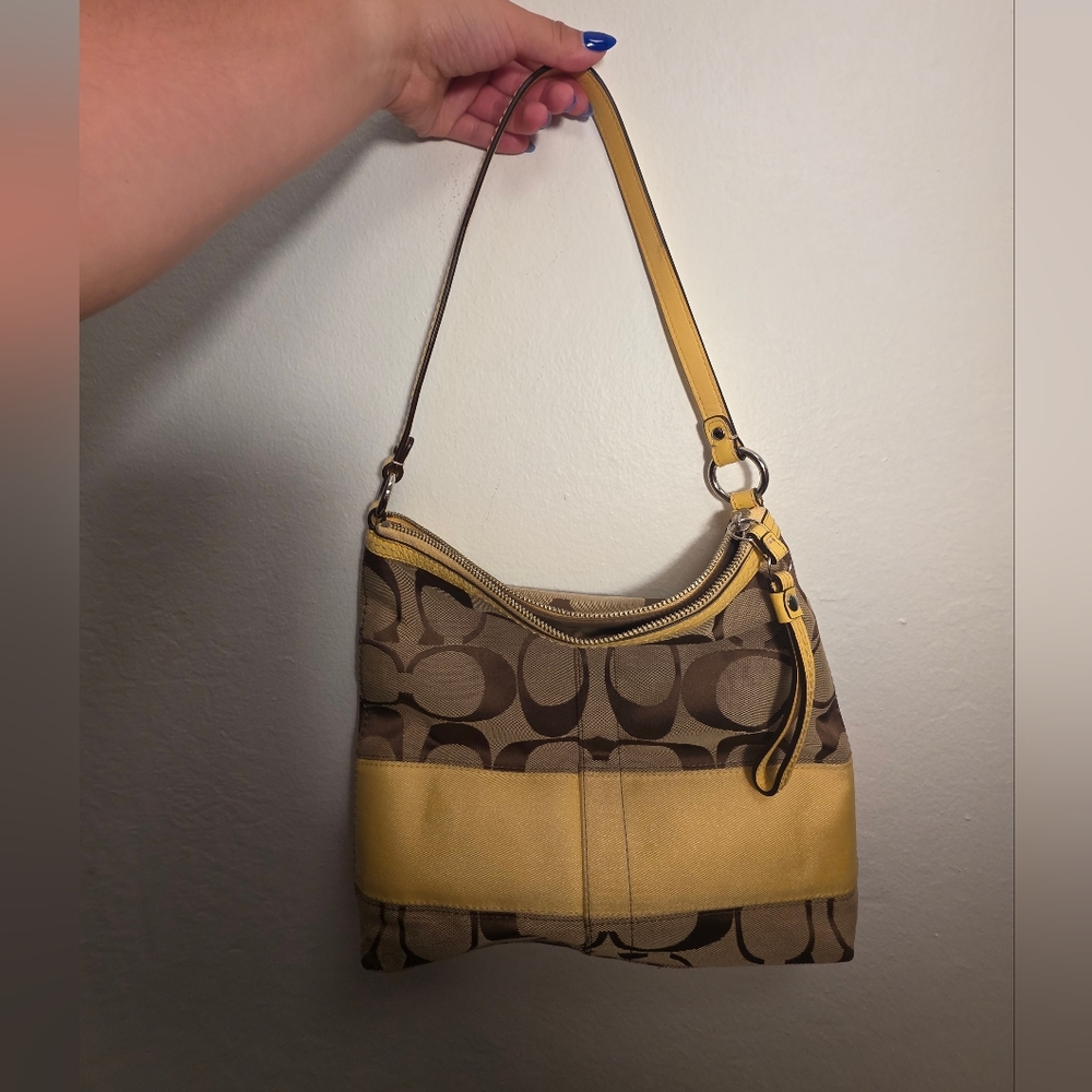 SOLD 🚫 Coach Signature Brown and Yellow Shoulder Bag